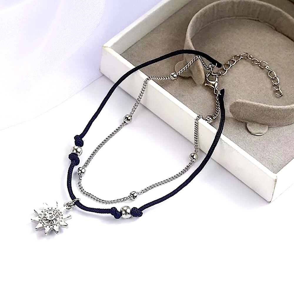 🔴𝟭𝟬/$𝟮𝟱🔴NEW 2 Layered Black Cord Sun Charm Bohemian Anklet - Picture 9 of 11